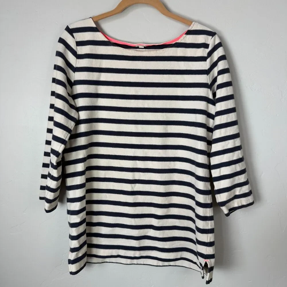 J.Crew Women's M Striped Boatneck Top Cream Navy 3/4 Sleeve Neon Pink Trim Knit